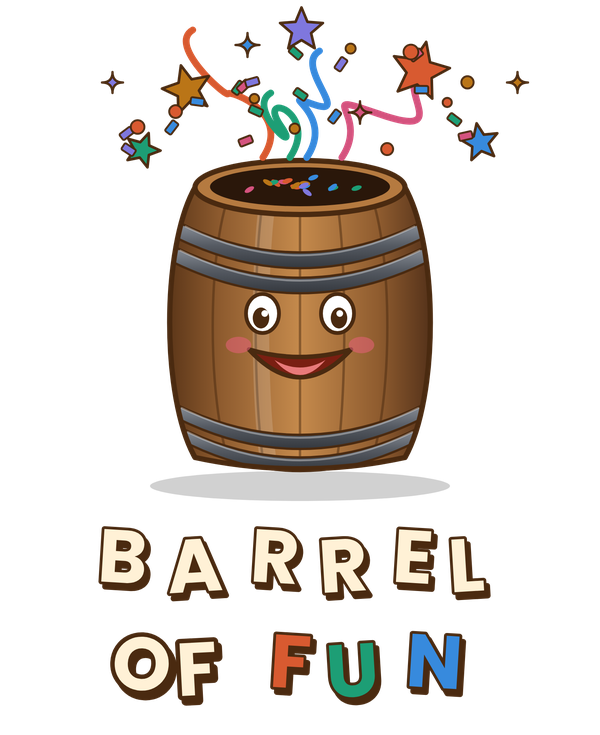 Barrel of Fun: a smiling wooden barrel with confetti